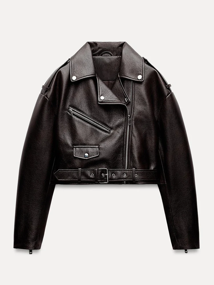 Ailegogo Spring Autumn Women Retro Short Pu Faux Soft Leather Jacket Vintage Female Belt Zipper Coat Moto Biker Outwear