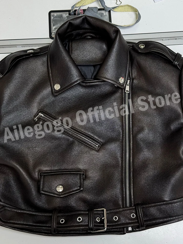 Ailegogo Spring Autumn Women Retro Short Pu Faux Soft Leather Jacket Vintage Female Belt Zipper Coat Moto Biker Outwear