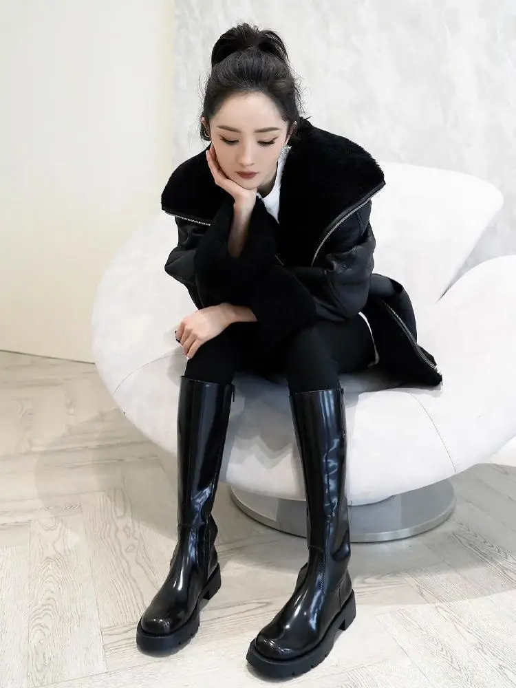 Korean Imitation Lambskin Long Sleeve Fur One-Piece Jacket Women's Overcoat Winter New Warm Loose Motorcycle Collar Leather Coat