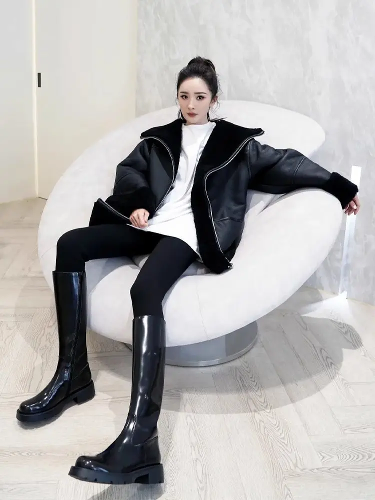 Korean Imitation Lambskin Long Sleeve Fur One-Piece Jacket Women's Overcoat Winter New Warm Loose Motorcycle Collar Leather Coat