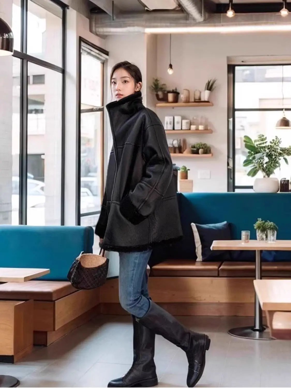 Korean Imitation Lambskin Long Sleeve Fur One-Piece Jacket Women's Overcoat Winter New Warm Loose Motorcycle Collar Leather Coat