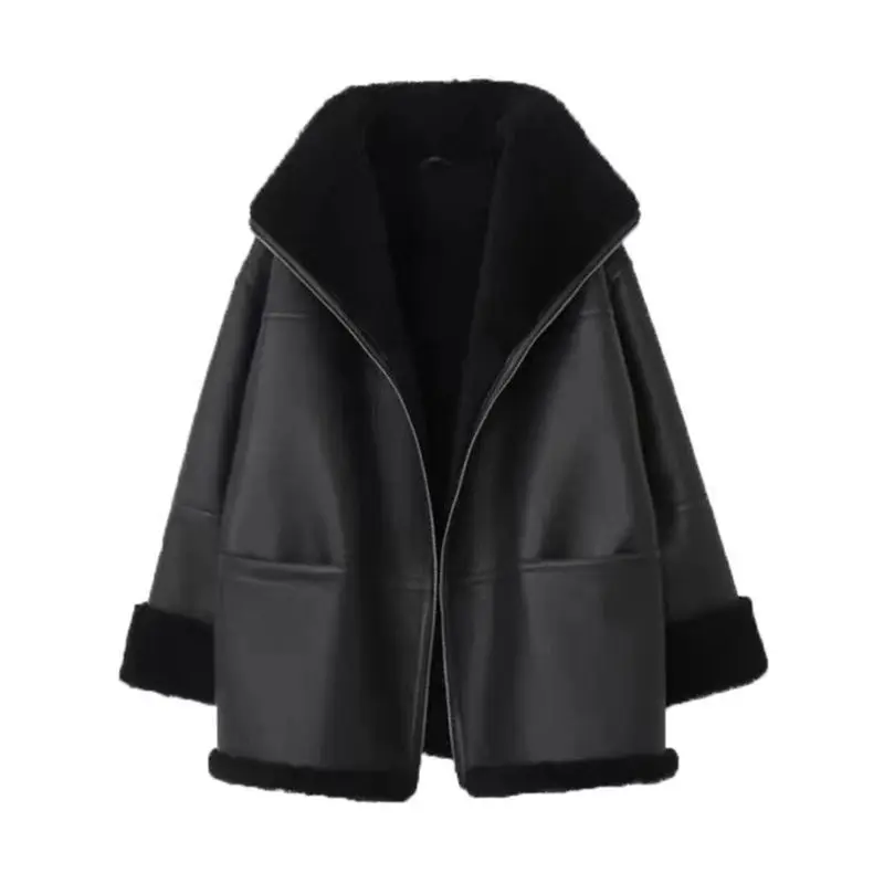 Korean Imitation Lambskin Long Sleeve Fur One-Piece Jacket Women's Overcoat Winter New Warm Loose Motorcycle Collar Leather Coat