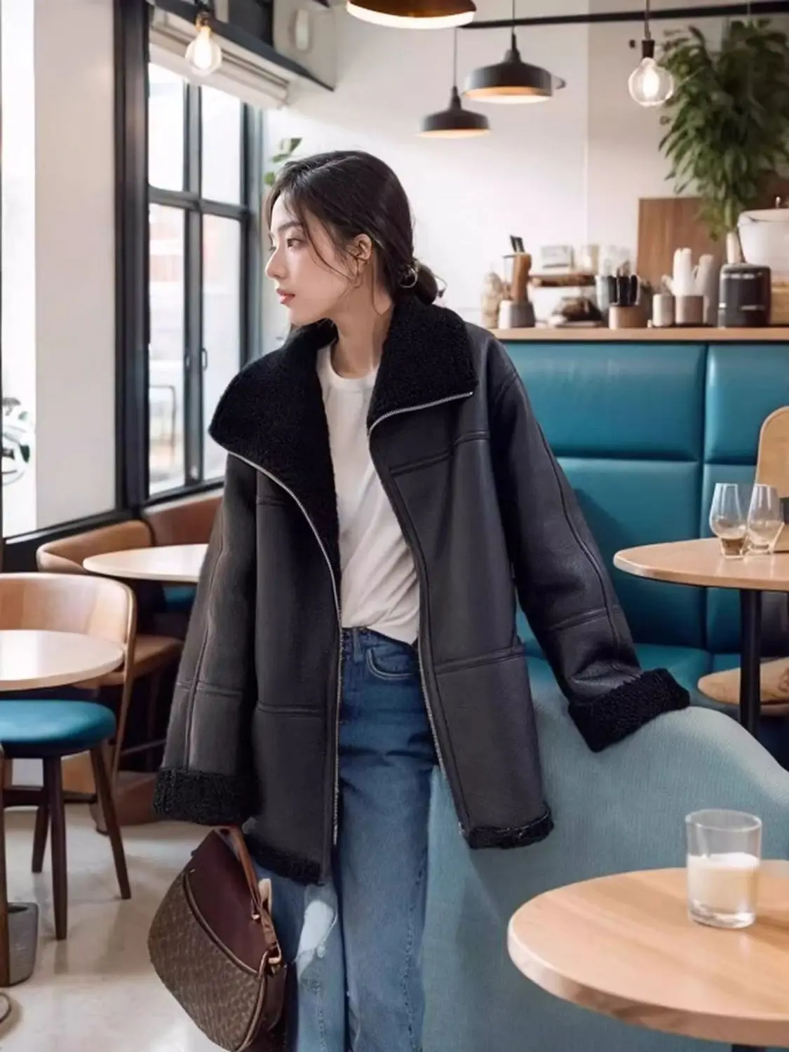 Korean Imitation Lambskin Long Sleeve Fur One-Piece Jacket Women's Overcoat Winter New Warm Loose Motorcycle Collar Leather Coat