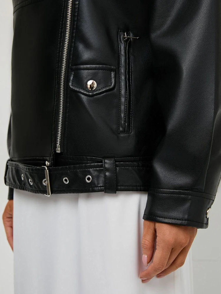 Ailegogo Streetwear Women Moto Biker Loose Black Pu Faux Leather Jacket Spring Autumn Female Zipper Belt Coat Outwear