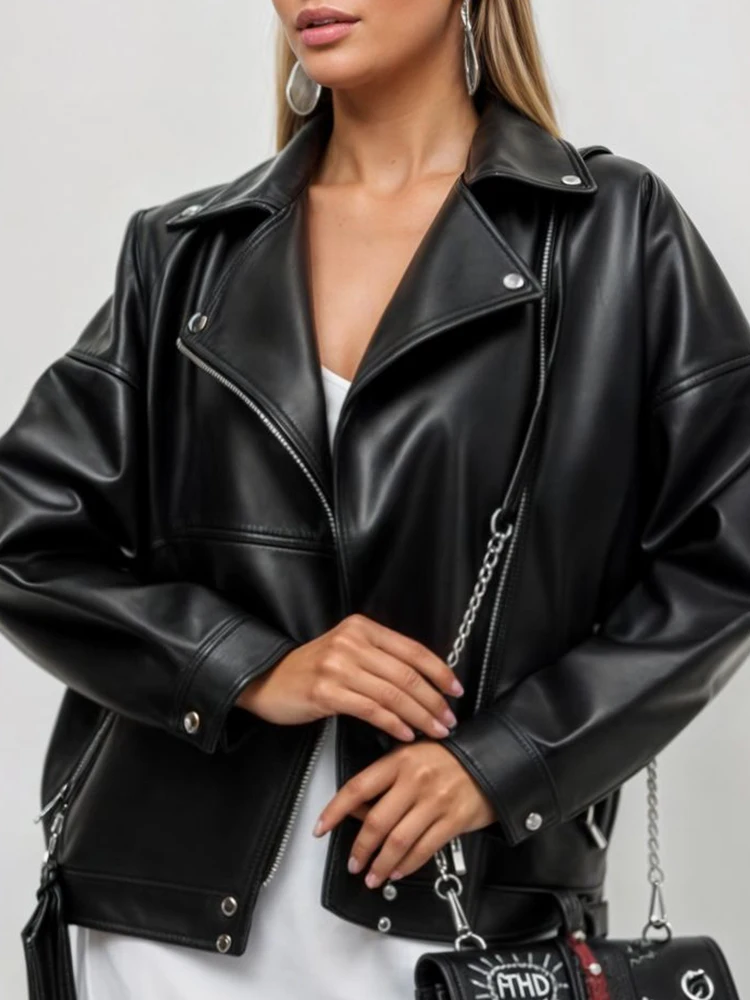 Ailegogo Streetwear Women Moto Biker Loose Black Pu Faux Leather Jacket Spring Autumn Female Zipper Belt Coat Outwear
