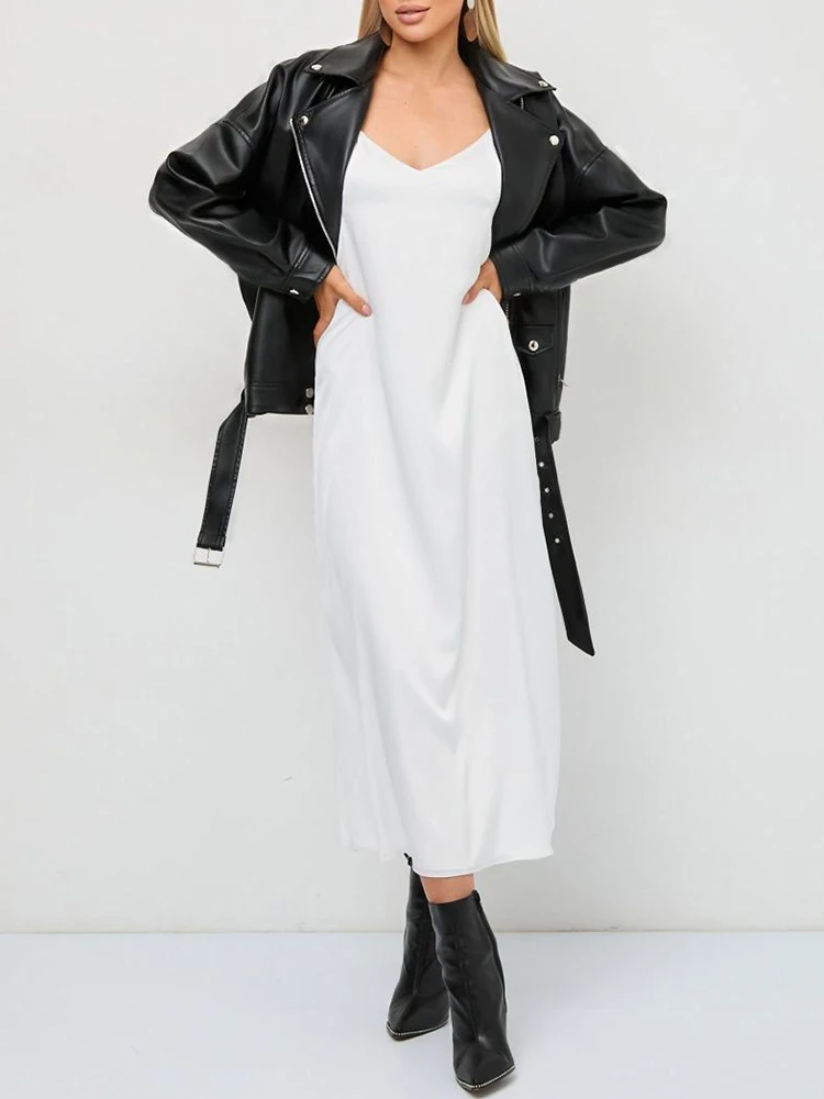 Ailegogo Streetwear Women Moto Biker Loose Black Pu Faux Leather Jacket Spring Autumn Female Zipper Belt Coat Outwear