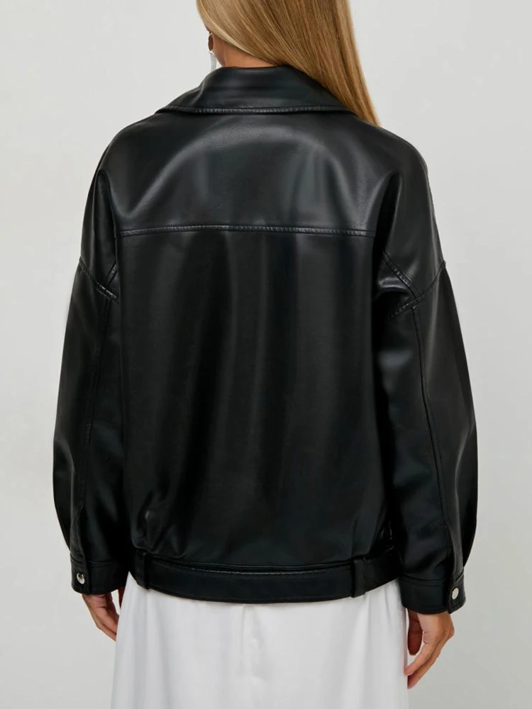 Ailegogo Streetwear Women Moto Biker Loose Black Pu Faux Leather Jacket Spring Autumn Female Zipper Belt Coat Outwear