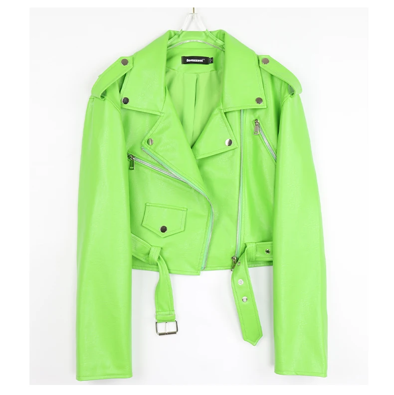 Nerazzurri Spring Autumn Short Green Pink Stylish Faux Leather Biker Jacket Women Zipper Long Sleeve Fashion 2022 5xl 6xl 7xl