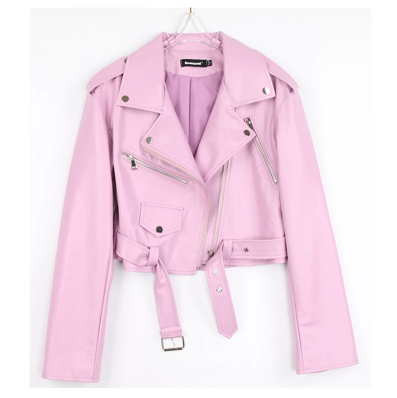 Nerazzurri Spring Autumn Short Green Pink Stylish Faux Leather Biker Jacket Women Zipper Long Sleeve Fashion 2022 5xl 6xl 7xl
