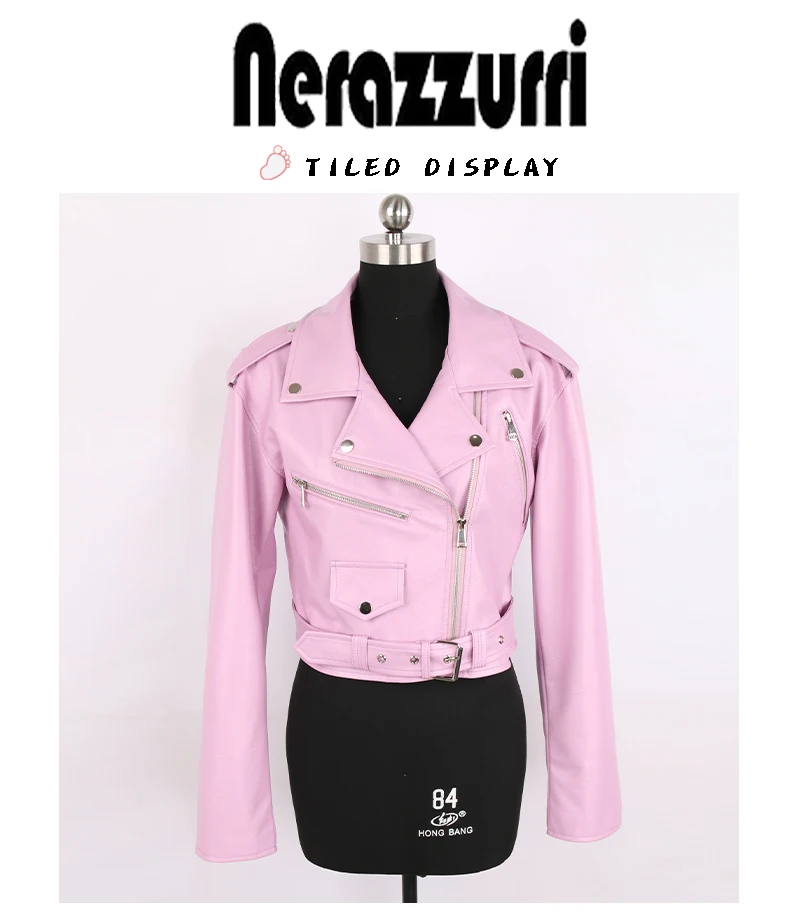 Nerazzurri Spring Autumn Short Green Pink Stylish Faux Leather Biker Jacket Women Zipper Long Sleeve Fashion 2022 5xl 6xl 7xl