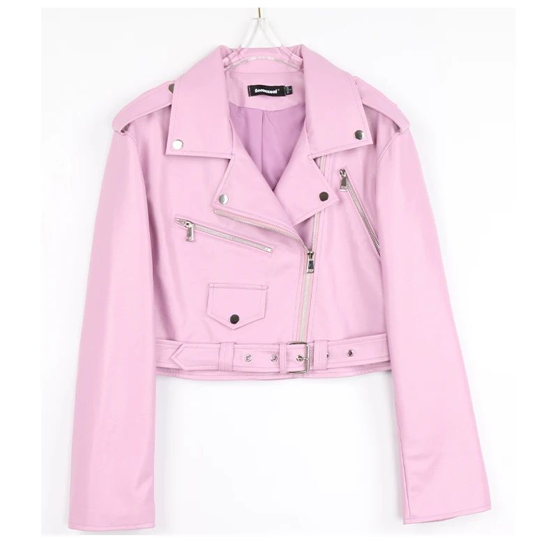 Nerazzurri Spring Autumn Short Green Pink Stylish Faux Leather Biker Jacket Women Zipper Long Sleeve Fashion 2022 5xl 6xl 7xl