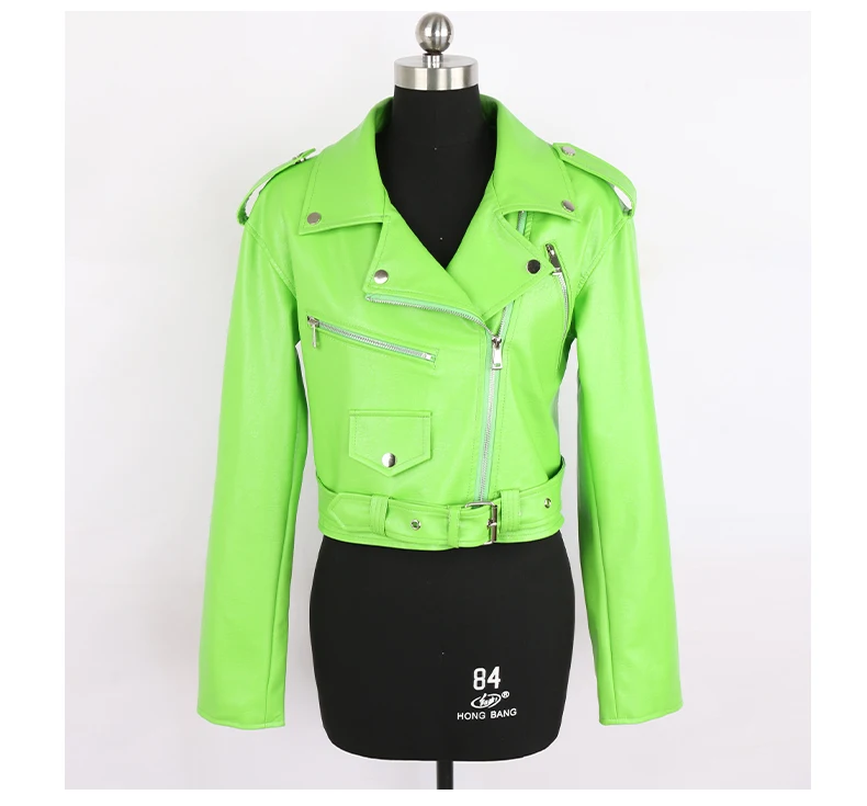 Nerazzurri Spring Autumn Short Green Pink Stylish Faux Leather Biker Jacket Women Zipper Long Sleeve Fashion 2022 5xl 6xl 7xl