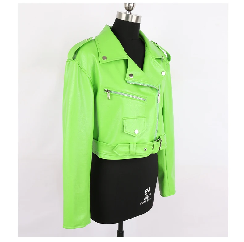 Nerazzurri Spring Autumn Short Green Pink Stylish Faux Leather Biker Jacket Women Zipper Long Sleeve Fashion 2022 5xl 6xl 7xl