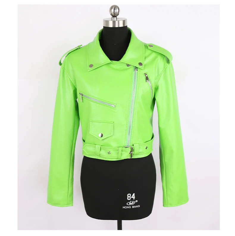 Nerazzurri Spring Autumn Short Green Pink Stylish Faux Leather Biker Jacket Women Zipper Long Sleeve Fashion 2022 5xl 6xl 7xl