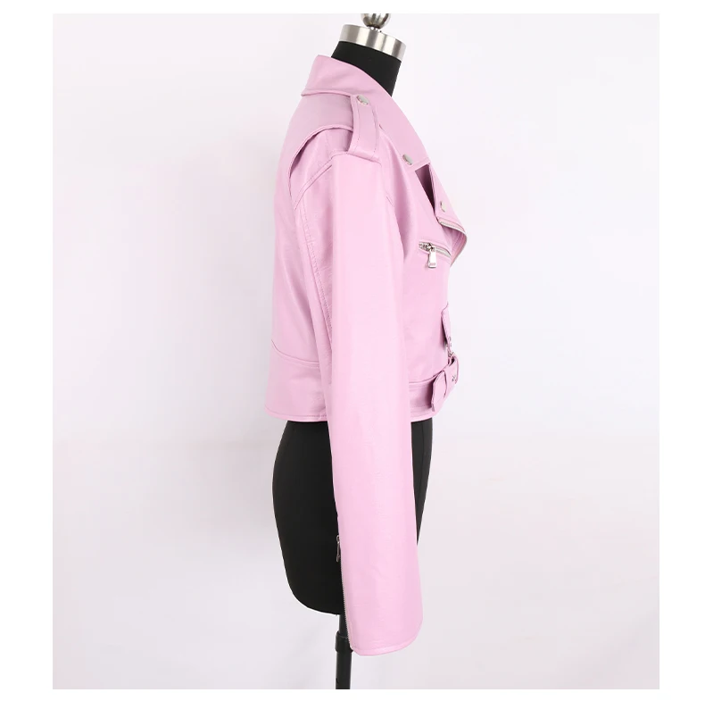Nerazzurri Spring Autumn Short Green Pink Stylish Faux Leather Biker Jacket Women Zipper Long Sleeve Fashion 2022 5xl 6xl 7xl