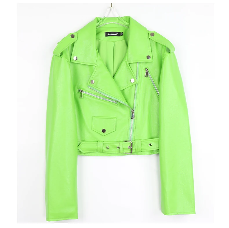 Nerazzurri Spring Autumn Short Green Pink Stylish Faux Leather Biker Jacket Women Zipper Long Sleeve Fashion 2022 5xl 6xl 7xl