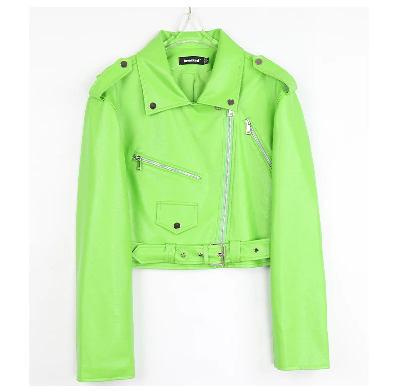 Nerazzurri Spring Autumn Short Green Pink Stylish Faux Leather Biker Jacket Women Zipper Long Sleeve Fashion 2022 5xl 6xl 7xl