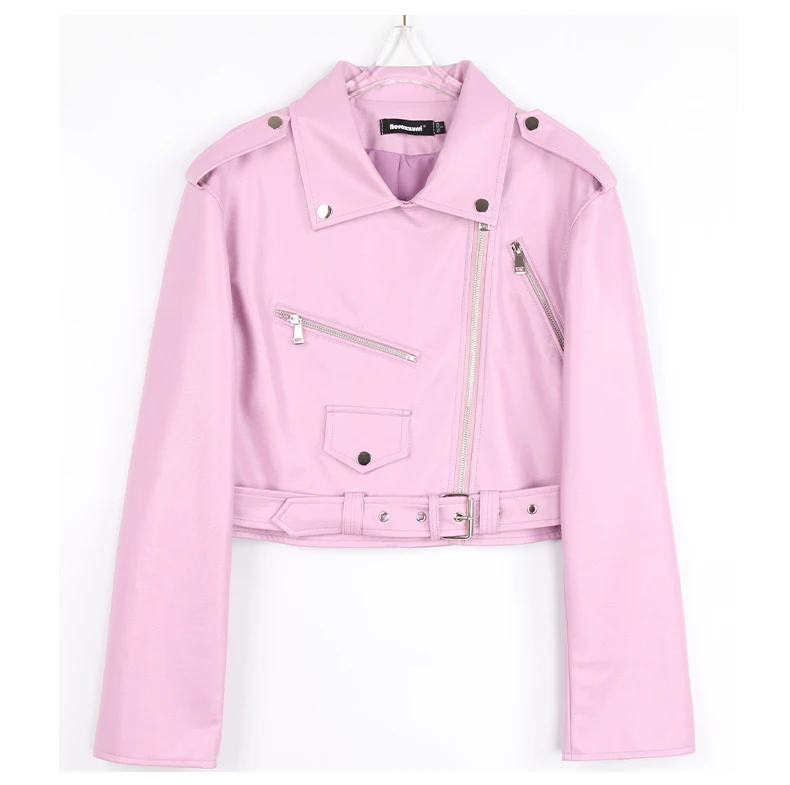 Nerazzurri Spring Autumn Short Green Pink Stylish Faux Leather Biker Jacket Women Zipper Long Sleeve Fashion 2022 5xl 6xl 7xl