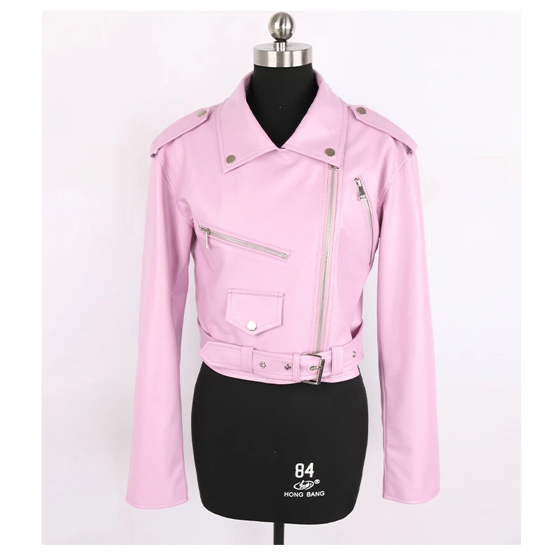 Nerazzurri Spring Autumn Short Green Pink Stylish Faux Leather Biker Jacket Women Zipper Long Sleeve Fashion 2022 5xl 6xl 7xl