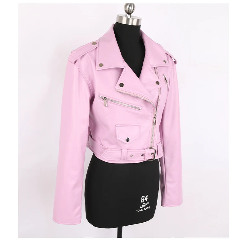 Nerazzurri Spring Autumn Short Green Pink Stylish Faux Leather Biker Jacket Women Zipper Long Sleeve Fashion 2022 5xl 6xl 7xl