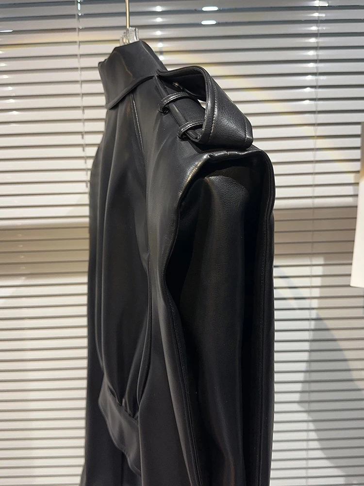 DEAT Streetwear Pocket PU Leather Black Coat For Women Long Sleeve Single Breasted Lapel Jacket 2024 Autumn New Female 11XX5280
