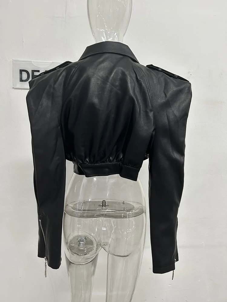 DEAT Streetwear Pocket PU Leather Black Coat For Women Long Sleeve Single Breasted Lapel Jacket 2024 Autumn New Female 11XX5280