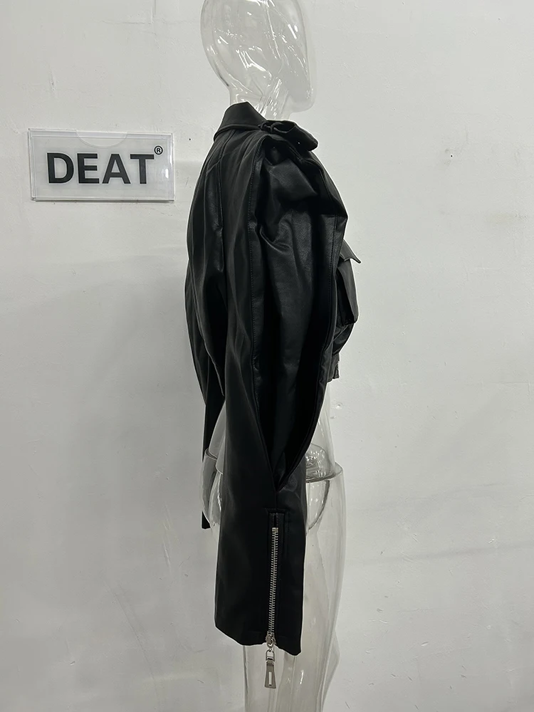 DEAT Streetwear Pocket PU Leather Black Coat For Women Long Sleeve Single Breasted Lapel Jacket 2024 Autumn New Female 11XX5280