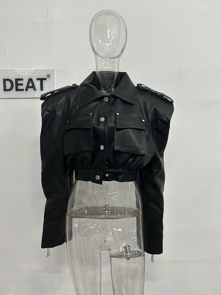 DEAT Streetwear Pocket PU Leather Black Coat For Women Long Sleeve Single Breasted Lapel Jacket 2024 Autumn New Female 11XX5280
