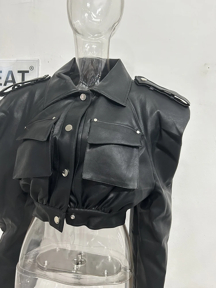 DEAT Streetwear Pocket PU Leather Black Coat For Women Long Sleeve Single Breasted Lapel Jacket 2024 Autumn New Female 11XX5280
