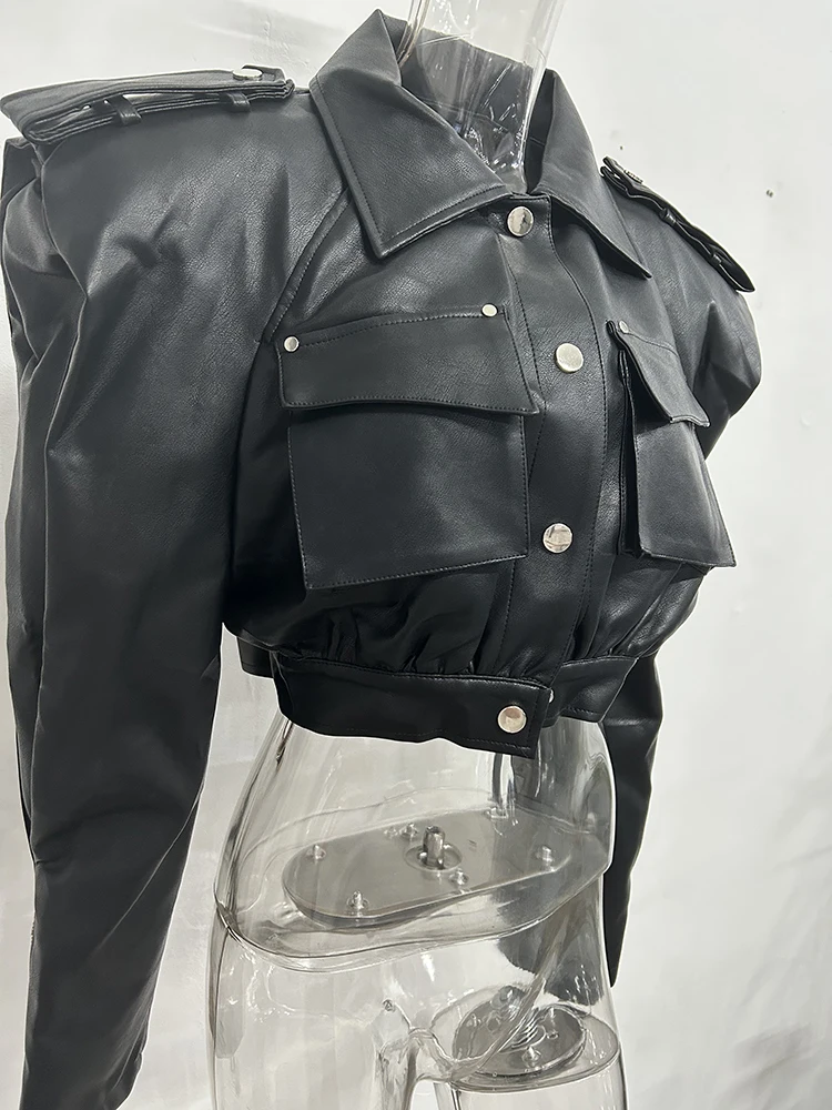 DEAT Streetwear Pocket PU Leather Black Coat For Women Long Sleeve Single Breasted Lapel Jacket 2024 Autumn New Female 11XX5280