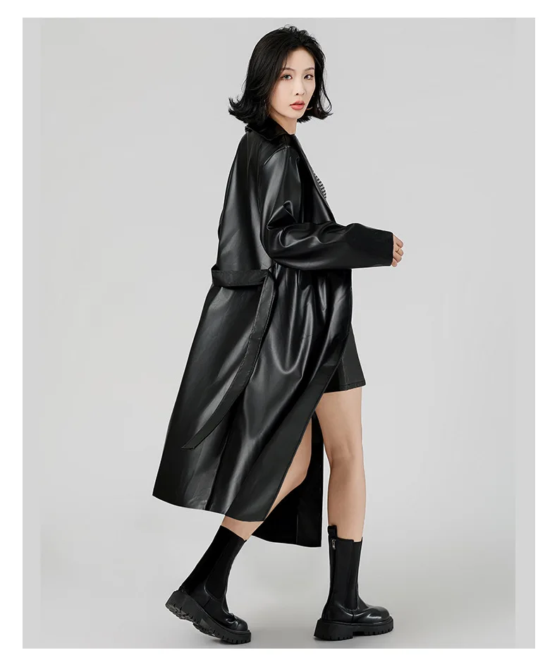 Faux Leather Coats Women Trench Jacket Pu Outerwear Belt Tight Waist Turn Down Collar Autumn Punk Streetwear Windbreaker