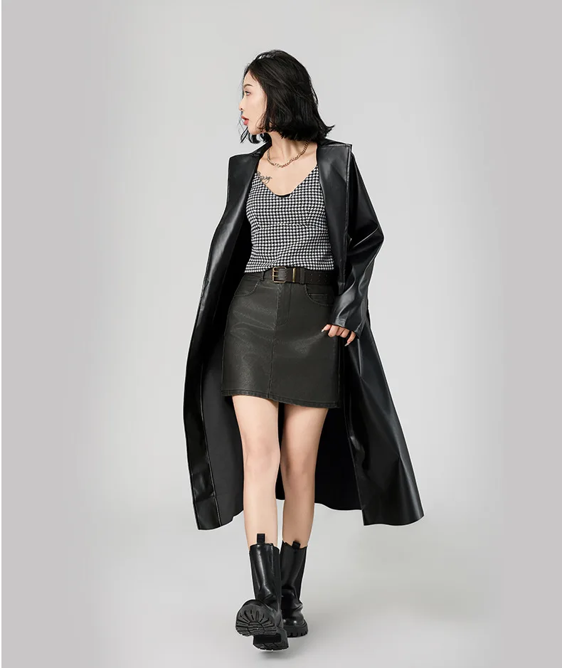 Faux Leather Coats Women Trench Jacket Pu Outerwear Belt Tight Waist Turn Down Collar Autumn Punk Streetwear Windbreaker