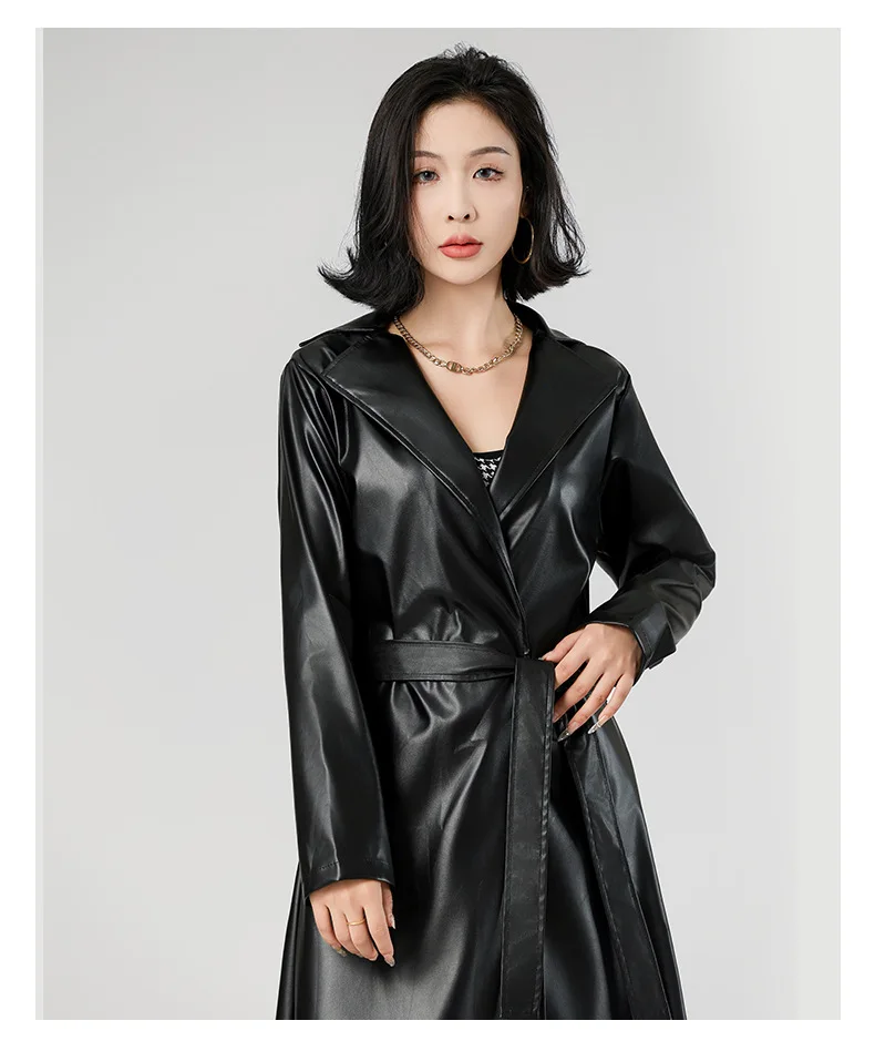 Faux Leather Coats Women Trench Jacket Pu Outerwear Belt Tight Waist Turn Down Collar Autumn Punk Streetwear Windbreaker