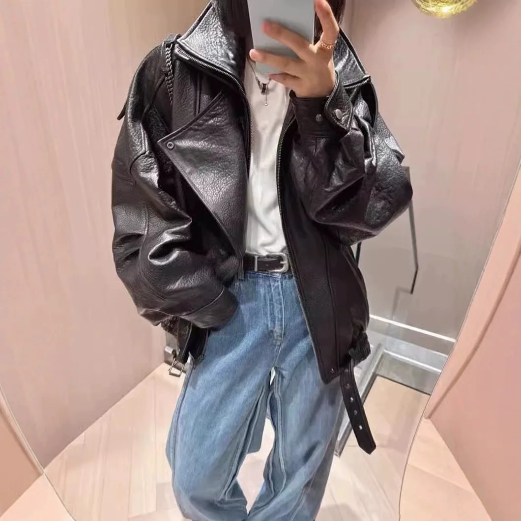Women Jacket PU Leather Casual Short Punk Lace Up Turn Down Collar Long Sleeve Zipper Loose Y2k Street Wear British 2026 Winter