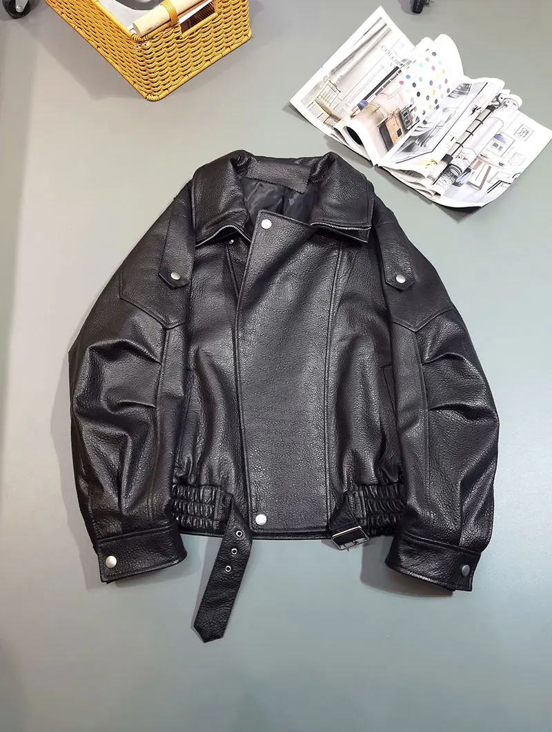 Women Jacket PU Leather Casual Short Punk Lace Up Turn Down Collar Long Sleeve Zipper Loose Y2k Street Wear British 2026 Winter