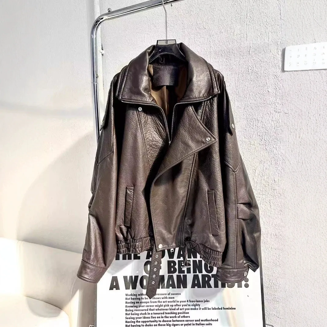 Women Jacket PU Leather Casual Short Punk Lace Up Turn Down Collar Long Sleeve Zipper Loose Y2k Street Wear British 2026 Winter