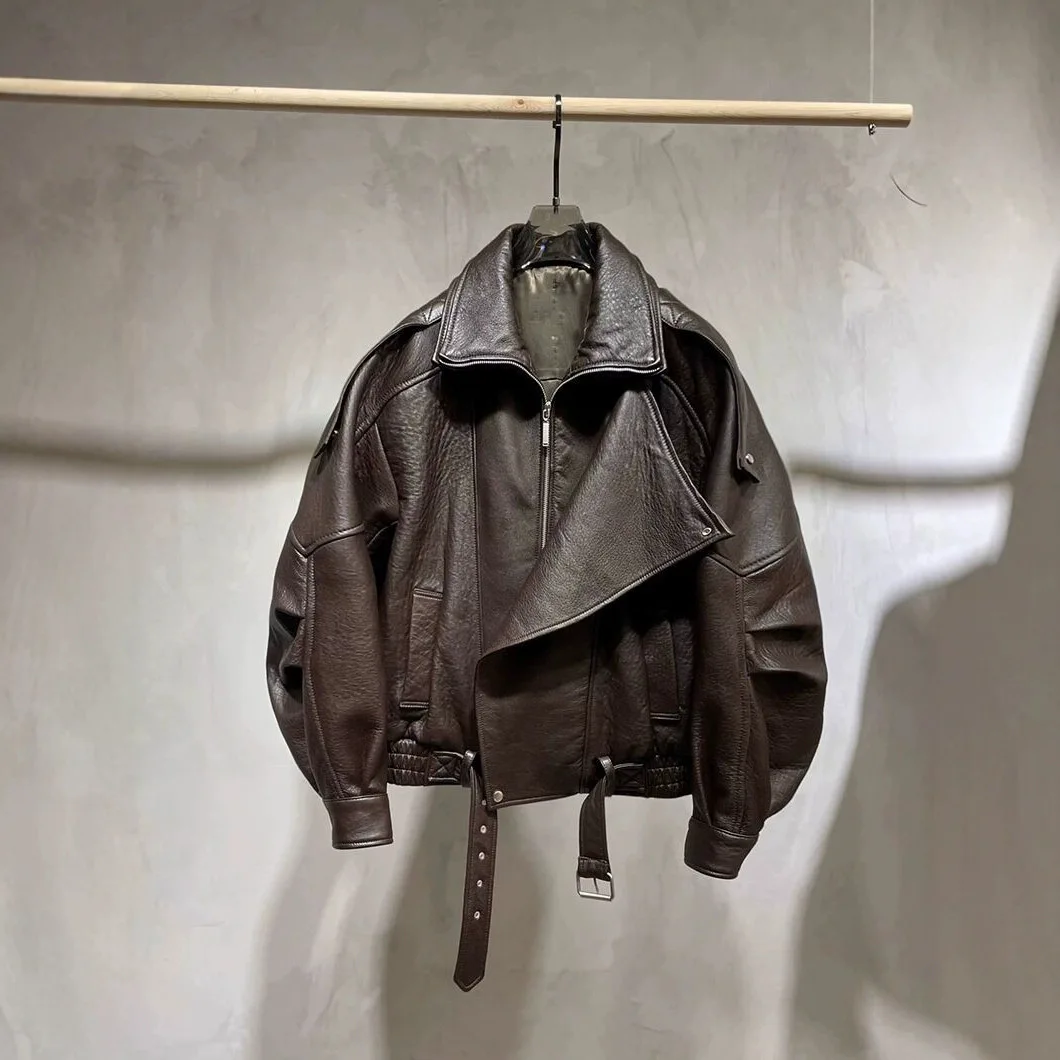Women Jacket PU Leather Casual Short Punk Lace Up Turn Down Collar Long Sleeve Zipper Loose Y2k Street Wear British 2026 Winter