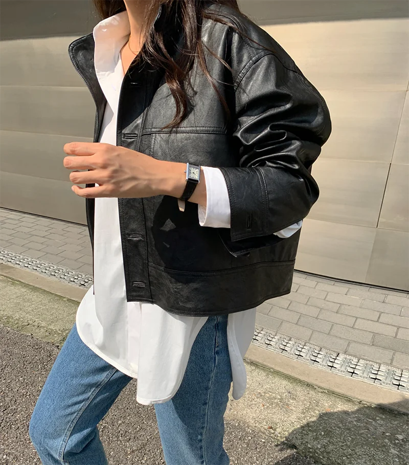 ZURICHOUSE Simple Wild Single Breasted Leather Jacket Women Fashion Stand Collar Loose Casual Faux Leather Locomotive Coat
