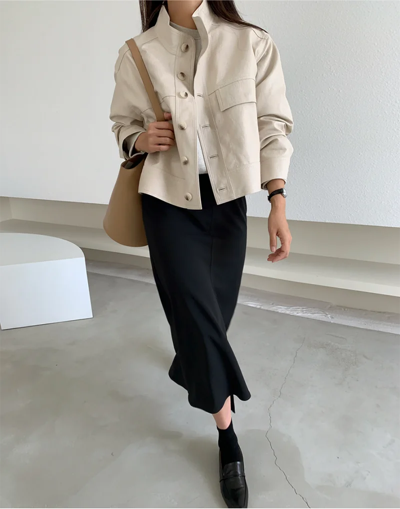 ZURICHOUSE Simple Wild Single Breasted Leather Jacket Women Fashion Stand Collar Loose Casual Faux Leather Locomotive Coat