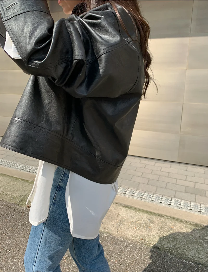 ZURICHOUSE Simple Wild Single Breasted Leather Jacket Women Fashion Stand Collar Loose Casual Faux Leather Locomotive Coat