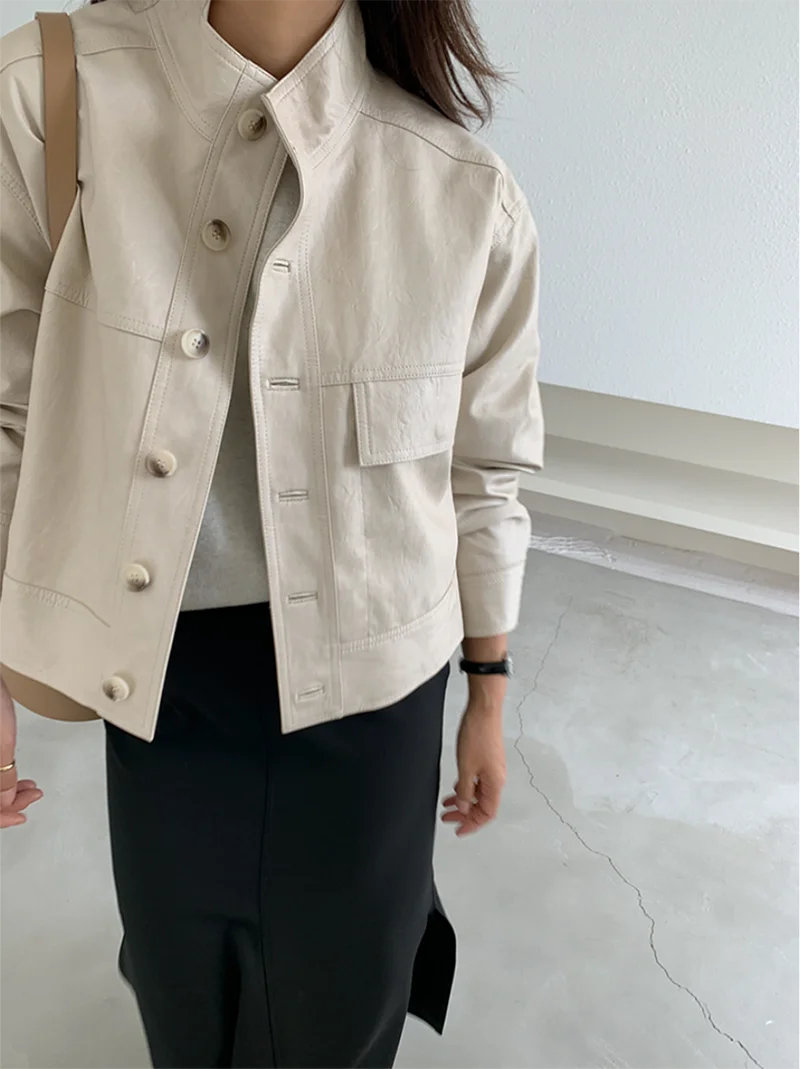 ZURICHOUSE Simple Wild Single Breasted Leather Jacket Women Fashion Stand Collar Loose Casual Faux Leather Locomotive Coat
