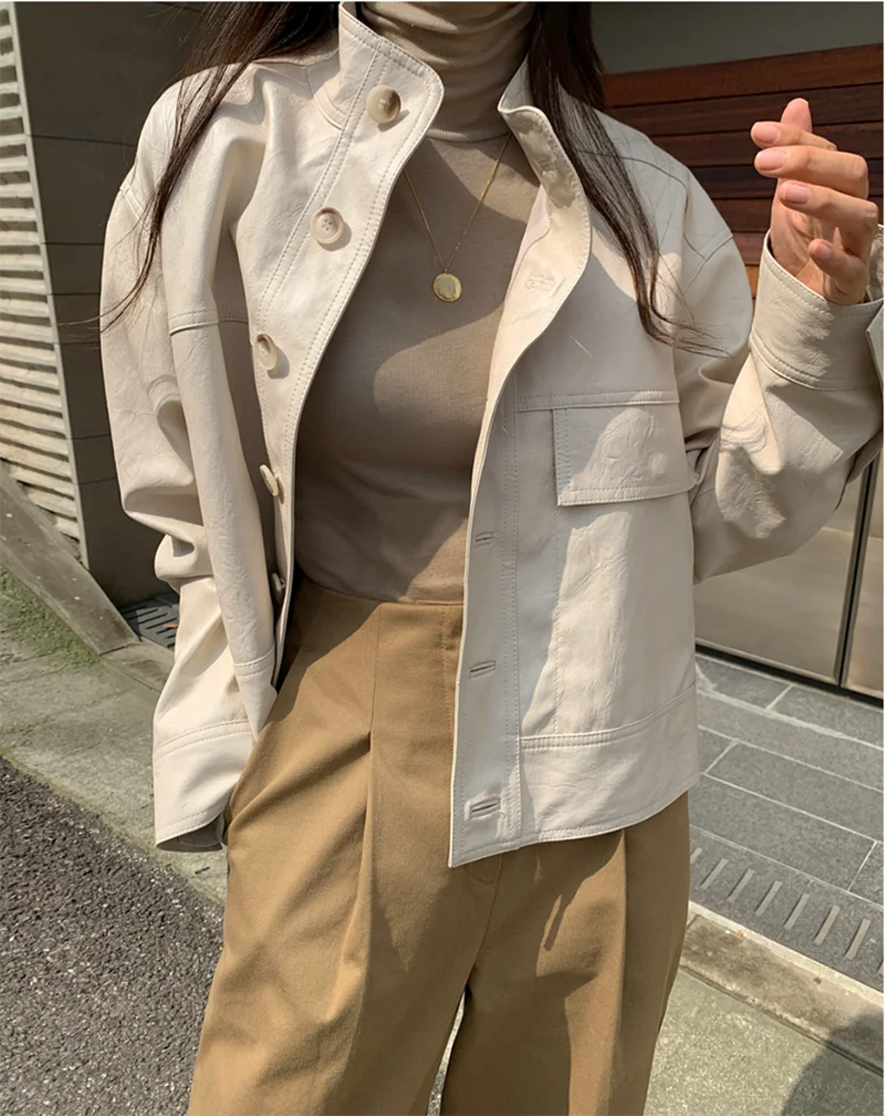 ZURICHOUSE Simple Wild Single Breasted Leather Jacket Women Fashion Stand Collar Loose Casual Faux Leather Locomotive Coat