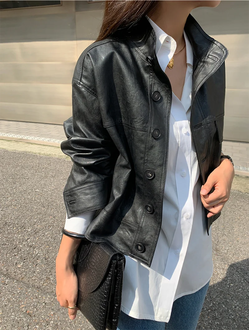 ZURICHOUSE Simple Wild Single Breasted Leather Jacket Women Fashion Stand Collar Loose Casual Faux Leather Locomotive Coat