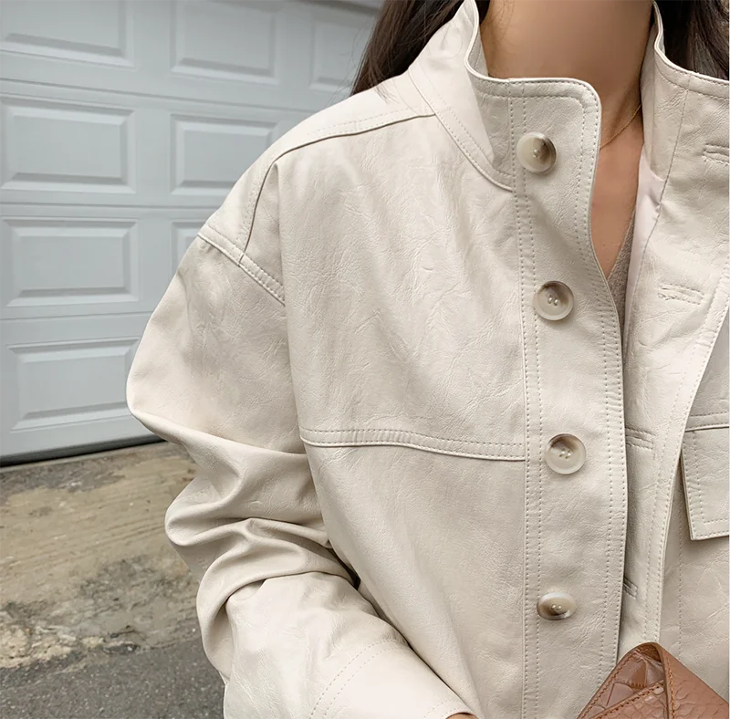 ZURICHOUSE Simple Wild Single Breasted Leather Jacket Women Fashion Stand Collar Loose Casual Faux Leather Locomotive Coat