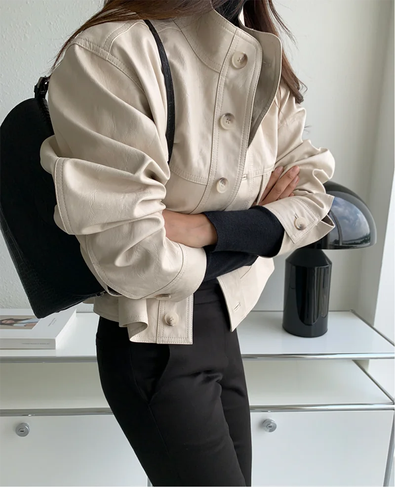 ZURICHOUSE Simple Wild Single Breasted Leather Jacket Women Fashion Stand Collar Loose Casual Faux Leather Locomotive Coat