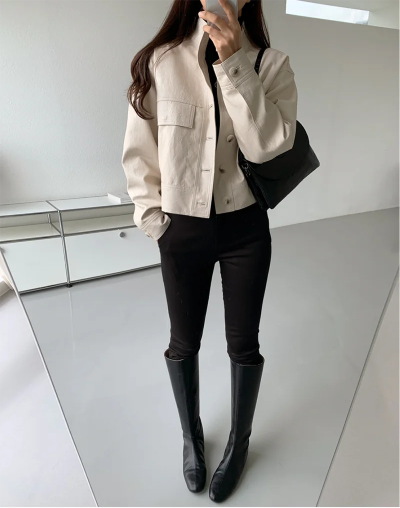ZURICHOUSE Simple Wild Single Breasted Leather Jacket Women Fashion Stand Collar Loose Casual Faux Leather Locomotive Coat