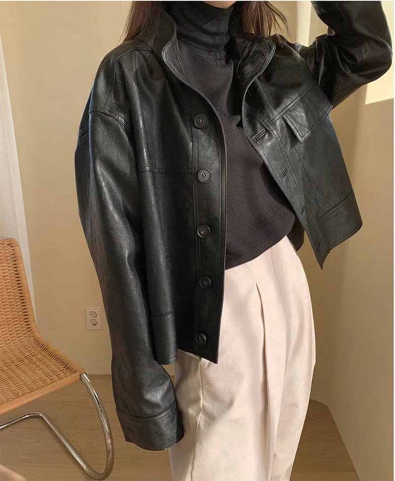 ZURICHOUSE Simple Wild Single Breasted Leather Jacket Women Fashion Stand Collar Loose Casual Faux Leather Locomotive Coat