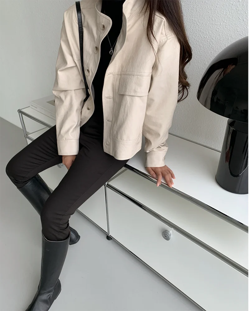 ZURICHOUSE Simple Wild Single Breasted Leather Jacket Women Fashion Stand Collar Loose Casual Faux Leather Locomotive Coat