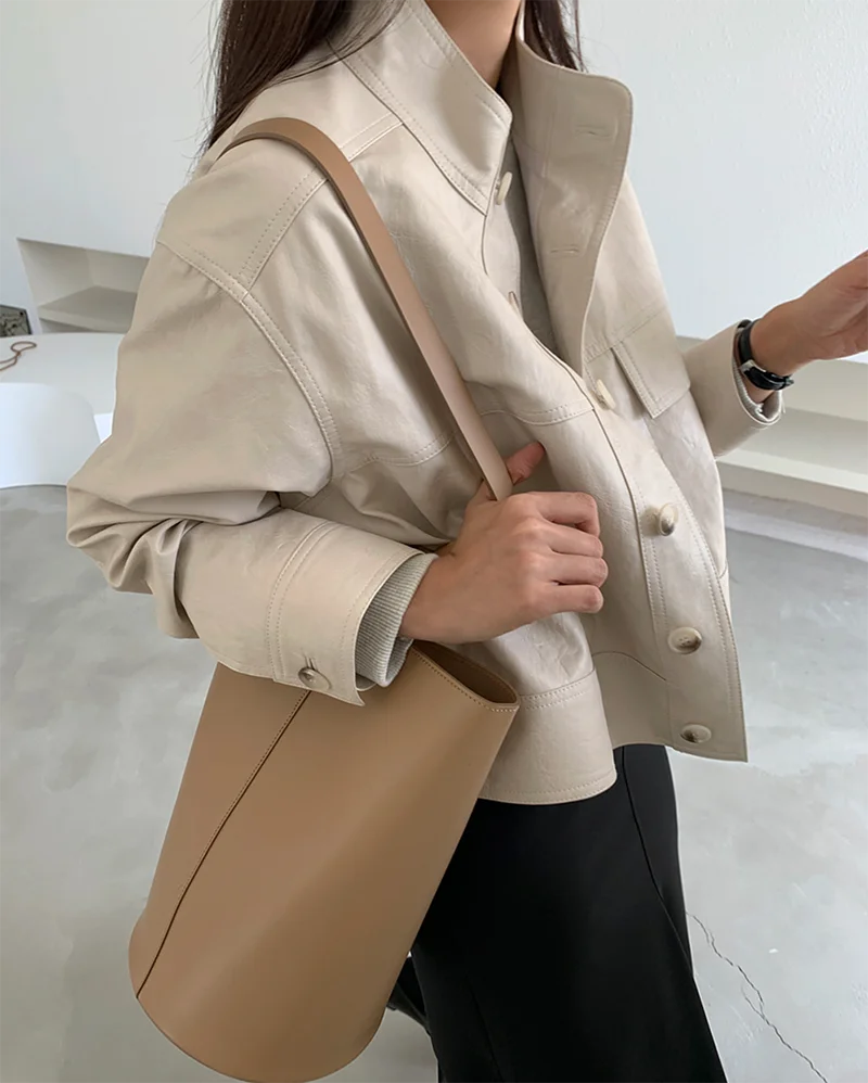 ZURICHOUSE Simple Wild Single Breasted Leather Jacket Women Fashion Stand Collar Loose Casual Faux Leather Locomotive Coat