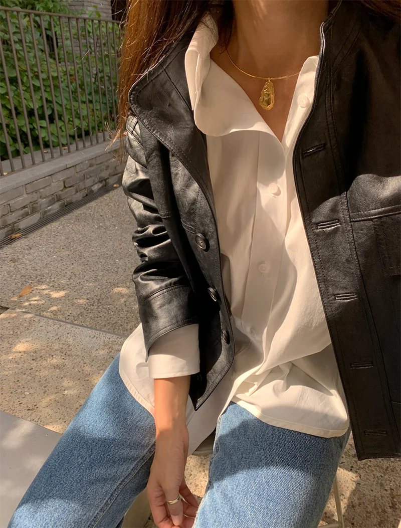 ZURICHOUSE Simple Wild Single Breasted Leather Jacket Women Fashion Stand Collar Loose Casual Faux Leather Locomotive Coat